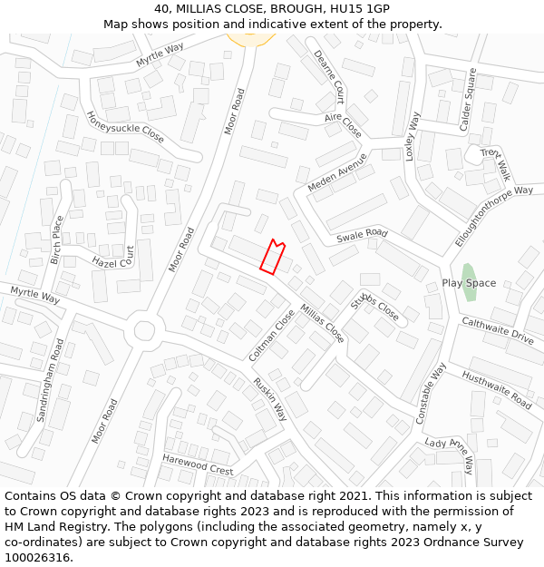 40, MILLIAS CLOSE, BROUGH, HU15 1GP: Location map and indicative extent of plot