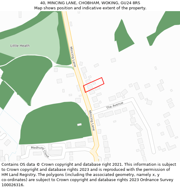40, MINCING LANE, CHOBHAM, WOKING, GU24 8RS: Location map and indicative extent of plot