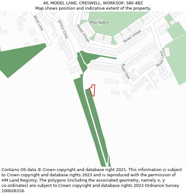 40, MODEL LANE, CRESWELL, WORKSOP, S80 4BZ: Location map and indicative extent of plot