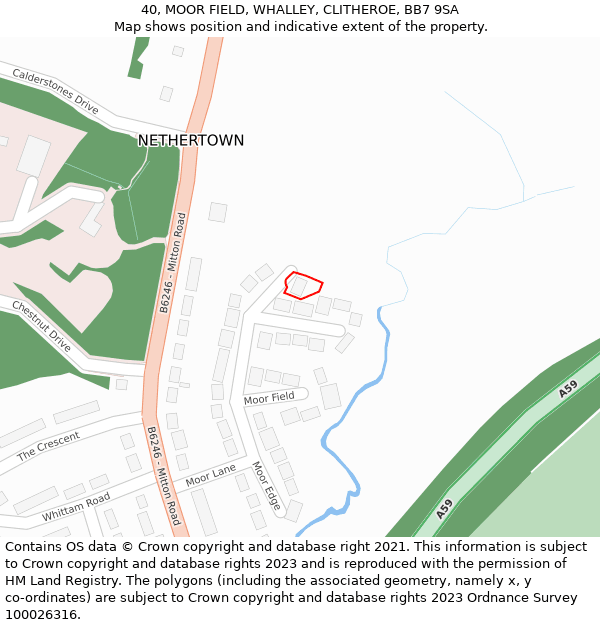 40, MOOR FIELD, WHALLEY, CLITHEROE, BB7 9SA: Location map and indicative extent of plot