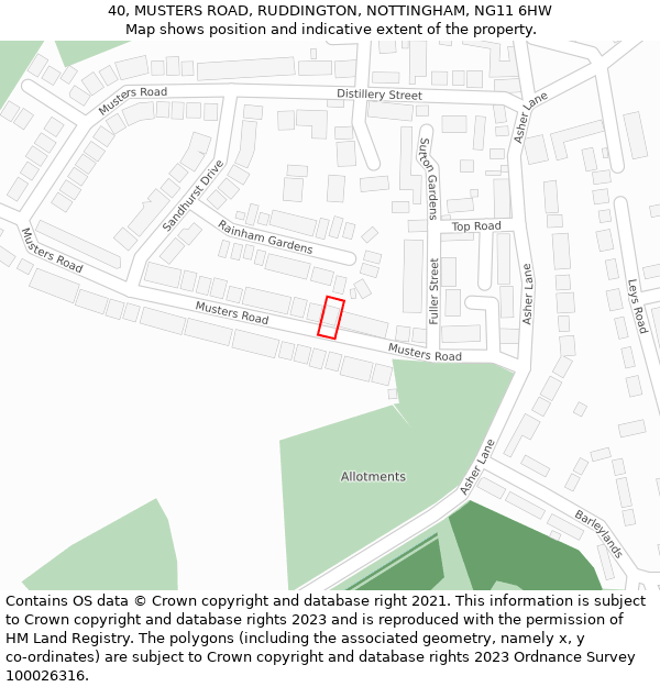 40, MUSTERS ROAD, RUDDINGTON, NOTTINGHAM, NG11 6HW: Location map and indicative extent of plot