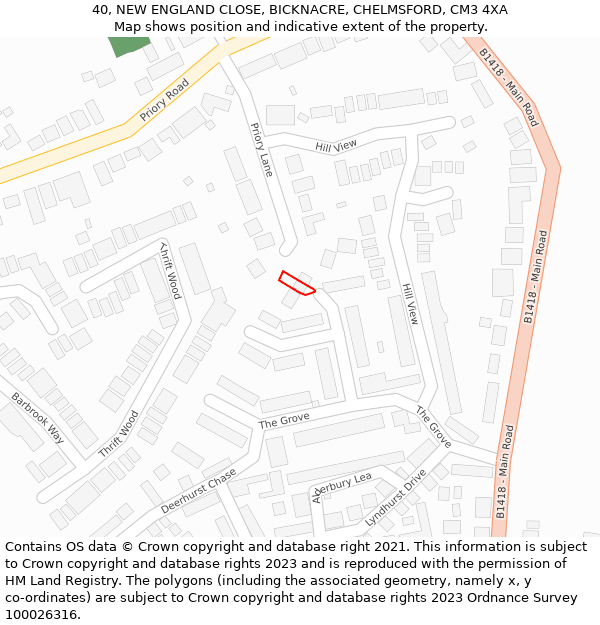 40, NEW ENGLAND CLOSE, BICKNACRE, CHELMSFORD, CM3 4XA: Location map and indicative extent of plot