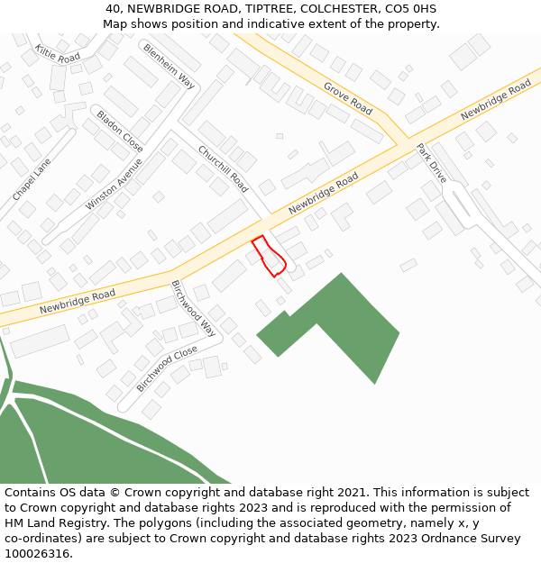 40, NEWBRIDGE ROAD, TIPTREE, COLCHESTER, CO5 0HS: Location map and indicative extent of plot