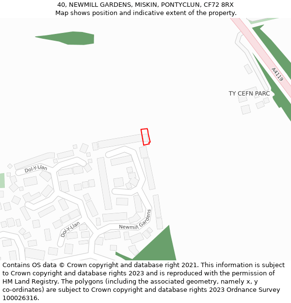 40, NEWMILL GARDENS, MISKIN, PONTYCLUN, CF72 8RX: Location map and indicative extent of plot