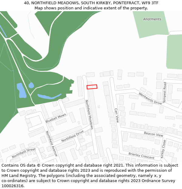 40, NORTHFIELD MEADOWS, SOUTH KIRKBY, PONTEFRACT, WF9 3TF: Location map and indicative extent of plot