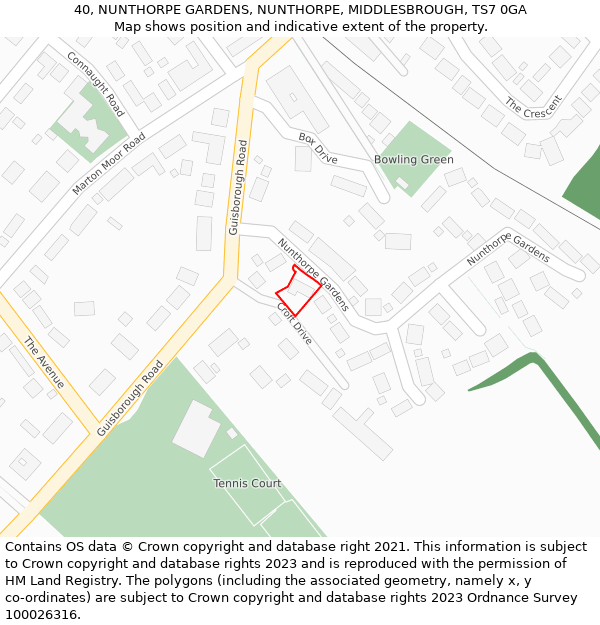 40, NUNTHORPE GARDENS, NUNTHORPE, MIDDLESBROUGH, TS7 0GA: Location map and indicative extent of plot