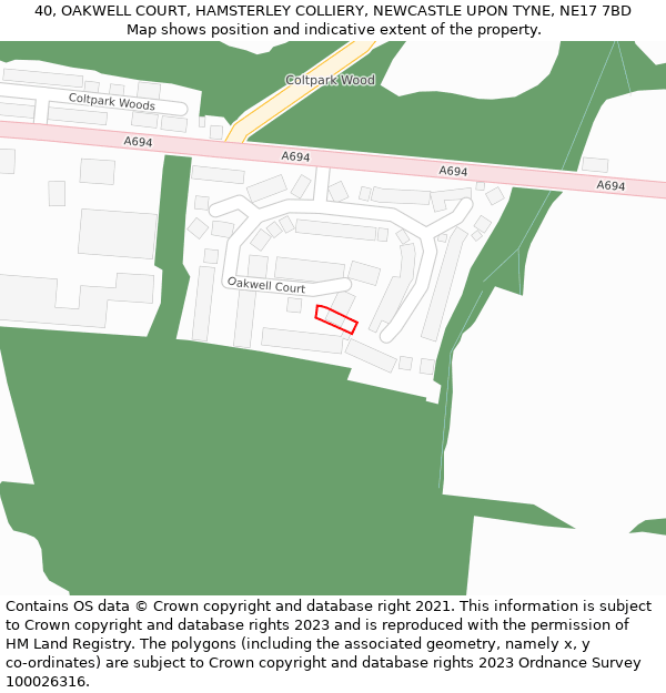 40, OAKWELL COURT, HAMSTERLEY COLLIERY, NEWCASTLE UPON TYNE, NE17 7BD: Location map and indicative extent of plot