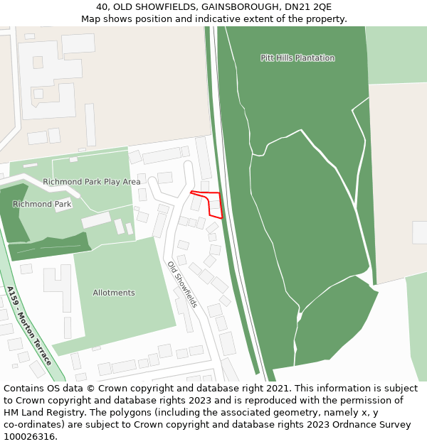 40, OLD SHOWFIELDS, GAINSBOROUGH, DN21 2QE: Location map and indicative extent of plot