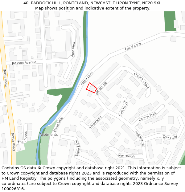 40, PADDOCK HILL, PONTELAND, NEWCASTLE UPON TYNE, NE20 9XL: Location map and indicative extent of plot