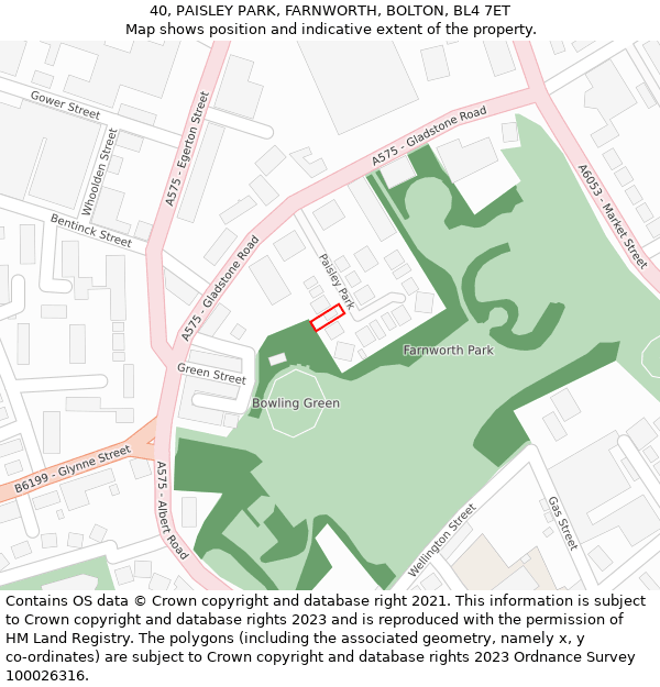 40, PAISLEY PARK, FARNWORTH, BOLTON, BL4 7ET: Location map and indicative extent of plot