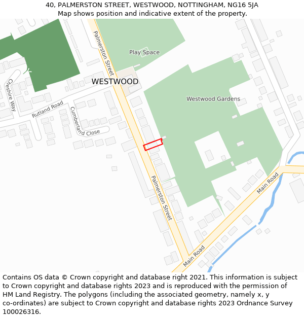 40, PALMERSTON STREET, WESTWOOD, NOTTINGHAM, NG16 5JA: Location map and indicative extent of plot