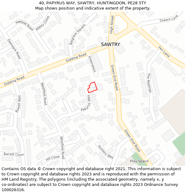 40, PAPYRUS WAY, SAWTRY, HUNTINGDON, PE28 5TY: Location map and indicative extent of plot