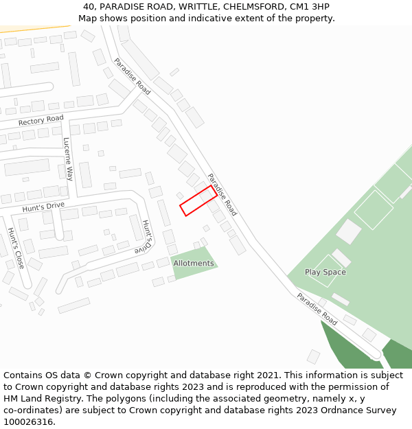 40, PARADISE ROAD, WRITTLE, CHELMSFORD, CM1 3HP: Location map and indicative extent of plot