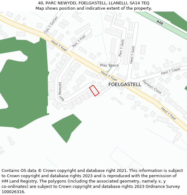 40, PARC NEWYDD, FOELGASTELL, LLANELLI, SA14 7EQ: Location map and indicative extent of plot