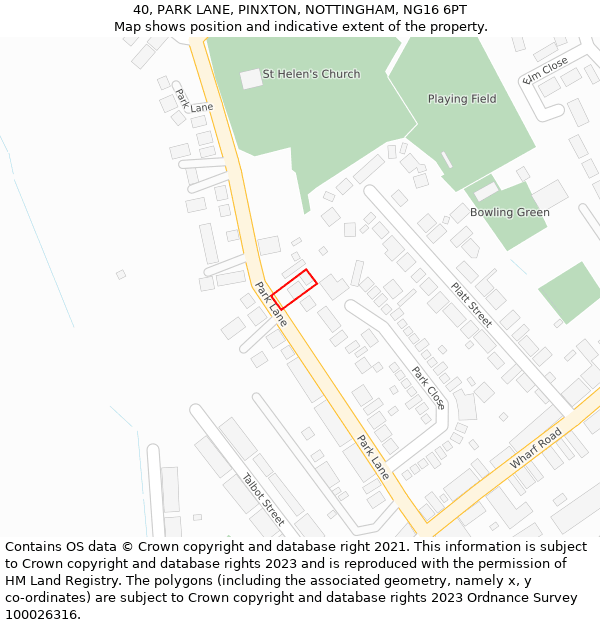 40, PARK LANE, PINXTON, NOTTINGHAM, NG16 6PT: Location map and indicative extent of plot