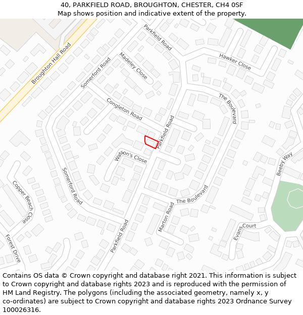 40, PARKFIELD ROAD, BROUGHTON, CHESTER, CH4 0SF: Location map and indicative extent of plot