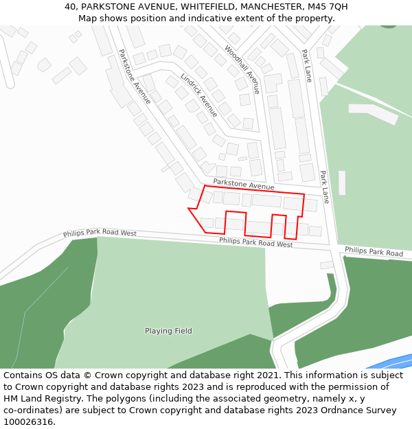 40, PARKSTONE AVENUE, WHITEFIELD, MANCHESTER, M45 7QH: Location map and indicative extent of plot