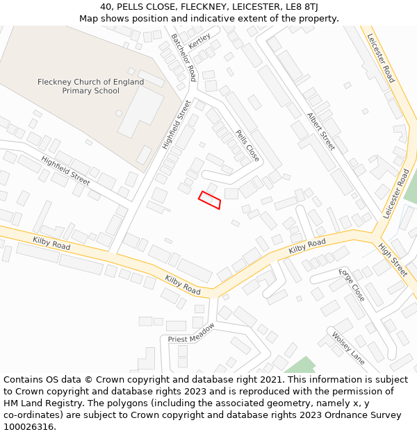 40, PELLS CLOSE, FLECKNEY, LEICESTER, LE8 8TJ: Location map and indicative extent of plot