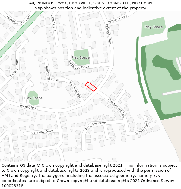 40, PRIMROSE WAY, BRADWELL, GREAT YARMOUTH, NR31 8RN: Location map and indicative extent of plot