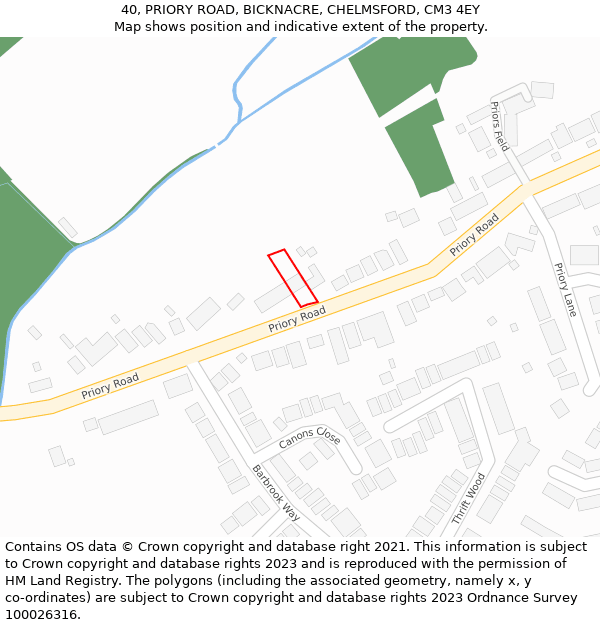 40, PRIORY ROAD, BICKNACRE, CHELMSFORD, CM3 4EY: Location map and indicative extent of plot