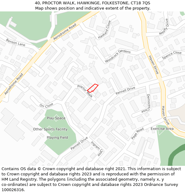 40, PROCTOR WALK, HAWKINGE, FOLKESTONE, CT18 7QS: Location map and indicative extent of plot