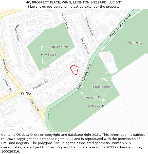 40, PROSPECT PLACE, WING, LEIGHTON BUZZARD, LU7 0NT: Location map and indicative extent of plot