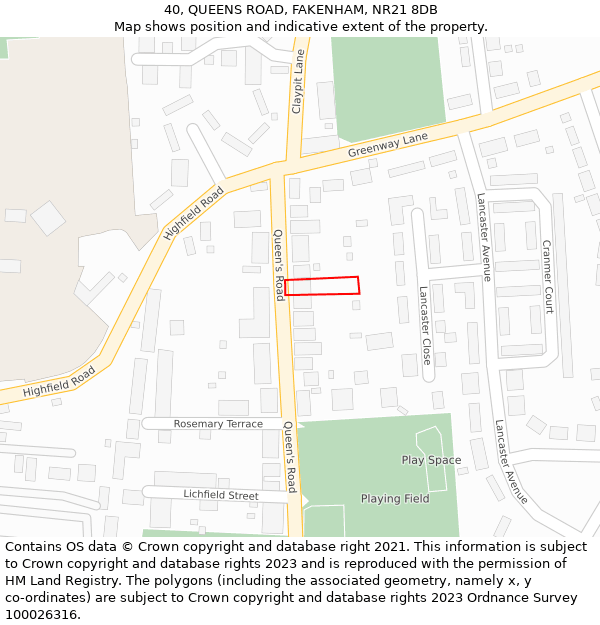 40, QUEENS ROAD, FAKENHAM, NR21 8DB: Location map and indicative extent of plot