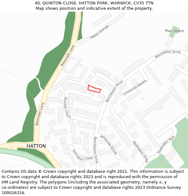 40, QUINTON CLOSE, HATTON PARK, WARWICK, CV35 7TN: Location map and indicative extent of plot