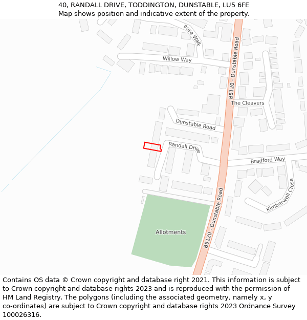 40, RANDALL DRIVE, TODDINGTON, DUNSTABLE, LU5 6FE: Location map and indicative extent of plot