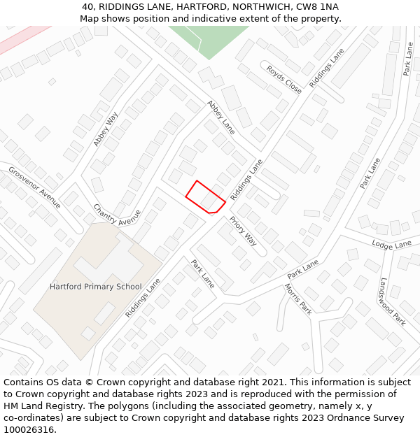 40, RIDDINGS LANE, HARTFORD, NORTHWICH, CW8 1NA: Location map and indicative extent of plot