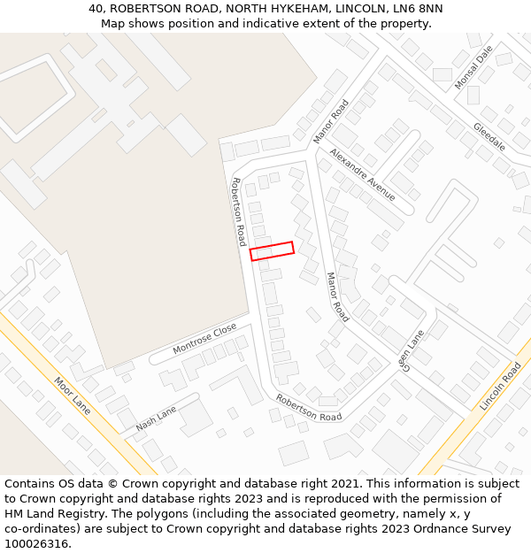 40, ROBERTSON ROAD, NORTH HYKEHAM, LINCOLN, LN6 8NN: Location map and indicative extent of plot