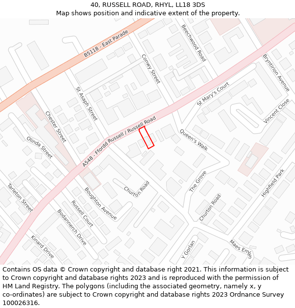 40, RUSSELL ROAD, RHYL, LL18 3DS: Location map and indicative extent of plot