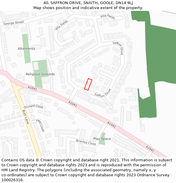 40, SAFFRON DRIVE, SNAITH, GOOLE, DN14 9LJ: Location map and indicative extent of plot