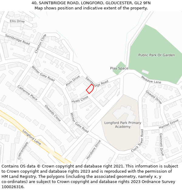 40, SAINTBRIDGE ROAD, LONGFORD, GLOUCESTER, GL2 9FN: Location map and indicative extent of plot