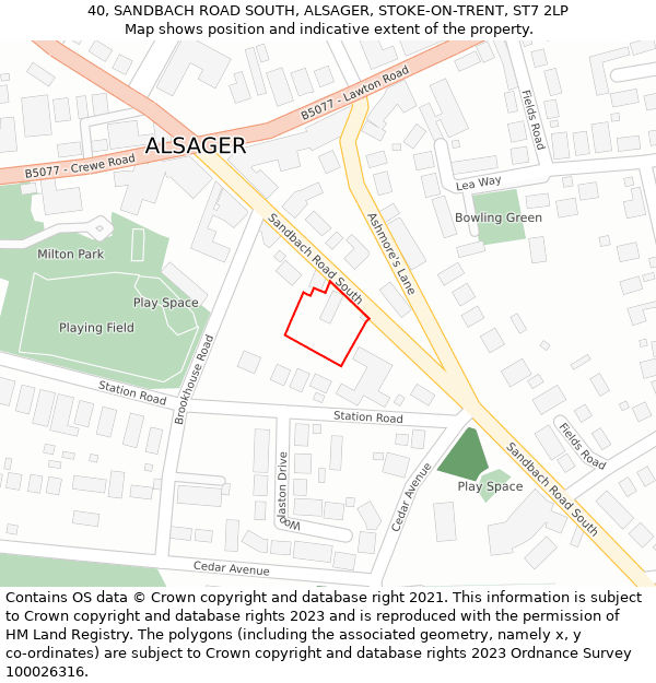 40, SANDBACH ROAD SOUTH, ALSAGER, STOKE-ON-TRENT, ST7 2LP: Location map and indicative extent of plot