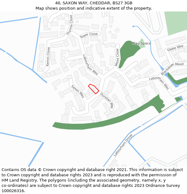 40, SAXON WAY, CHEDDAR, BS27 3GB: Location map and indicative extent of plot