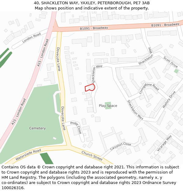 40, SHACKLETON WAY, YAXLEY, PETERBOROUGH, PE7 3AB: Location map and indicative extent of plot