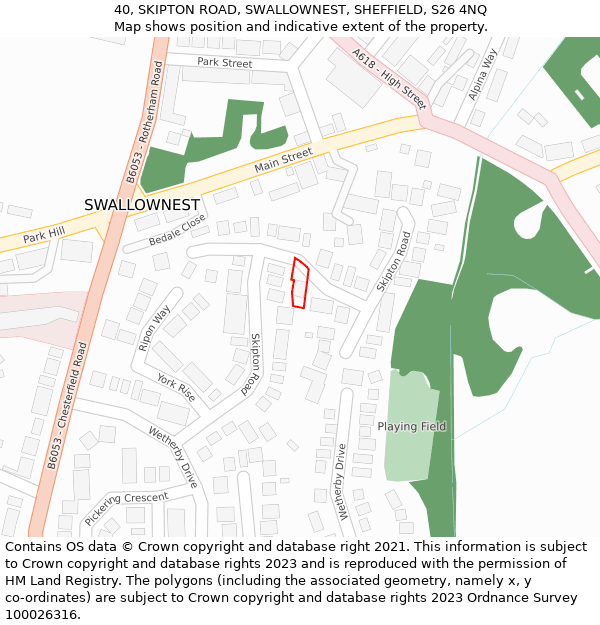 40, SKIPTON ROAD, SWALLOWNEST, SHEFFIELD, S26 4NQ: Location map and indicative extent of plot