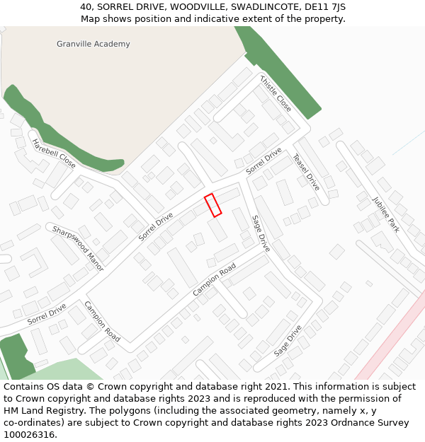 40, SORREL DRIVE, WOODVILLE, SWADLINCOTE, DE11 7JS: Location map and indicative extent of plot