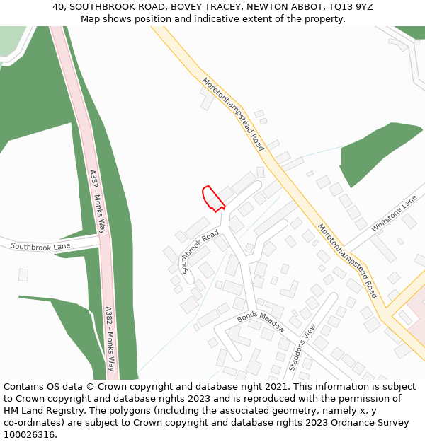 40, SOUTHBROOK ROAD, BOVEY TRACEY, NEWTON ABBOT, TQ13 9YZ: Location map and indicative extent of plot