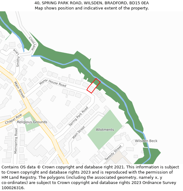 40, SPRING PARK ROAD, WILSDEN, BRADFORD, BD15 0EA: Location map and indicative extent of plot