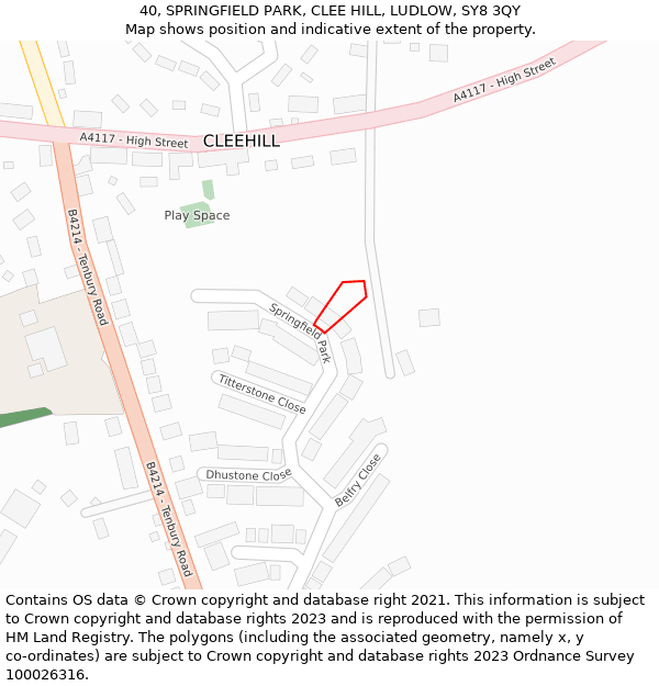 40, SPRINGFIELD PARK, CLEE HILL, LUDLOW, SY8 3QY: Location map and indicative extent of plot