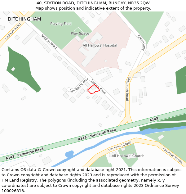 40, STATION ROAD, DITCHINGHAM, BUNGAY, NR35 2QW: Location map and indicative extent of plot