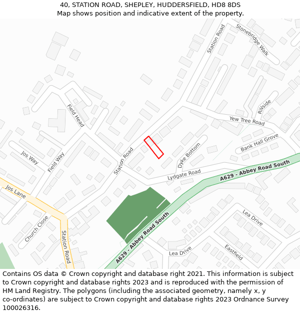 40, STATION ROAD, SHEPLEY, HUDDERSFIELD, HD8 8DS: Location map and indicative extent of plot