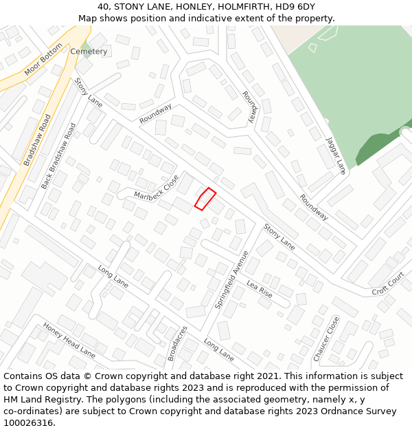 40, STONY LANE, HONLEY, HOLMFIRTH, HD9 6DY: Location map and indicative extent of plot