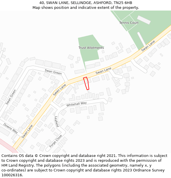 40, SWAN LANE, SELLINDGE, ASHFORD, TN25 6HB: Location map and indicative extent of plot