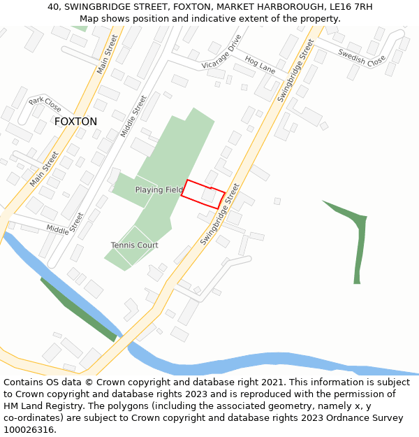 40, SWINGBRIDGE STREET, FOXTON, MARKET HARBOROUGH, LE16 7RH: Location map and indicative extent of plot