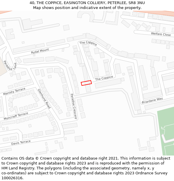 40, THE COPPICE, EASINGTON COLLIERY, PETERLEE, SR8 3NU: Location map and indicative extent of plot