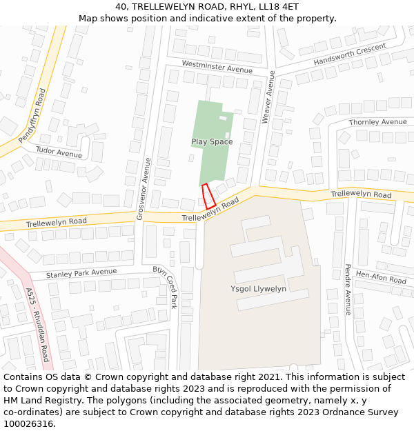 40, TRELLEWELYN ROAD, RHYL, LL18 4ET: Location map and indicative extent of plot