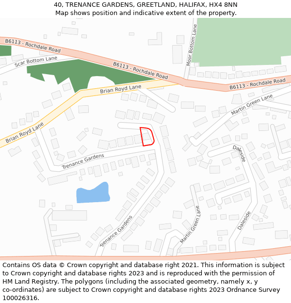 40, TRENANCE GARDENS, GREETLAND, HALIFAX, HX4 8NN: Location map and indicative extent of plot